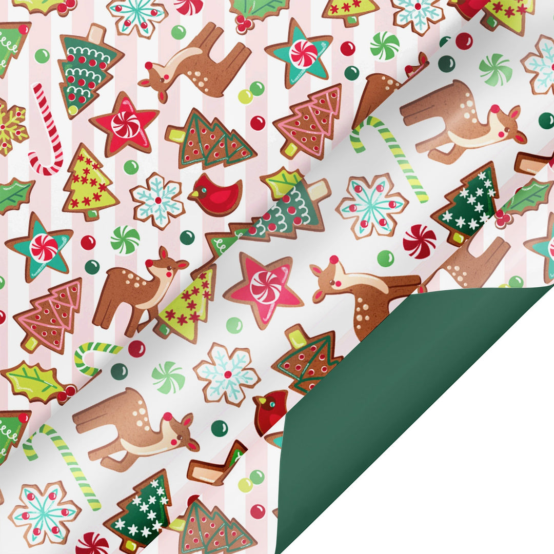 24" x 417' Reversible Holiday Wrapping Paper Half Ream | Sweet Cookies/Solid Green LaRibbons and Crafts