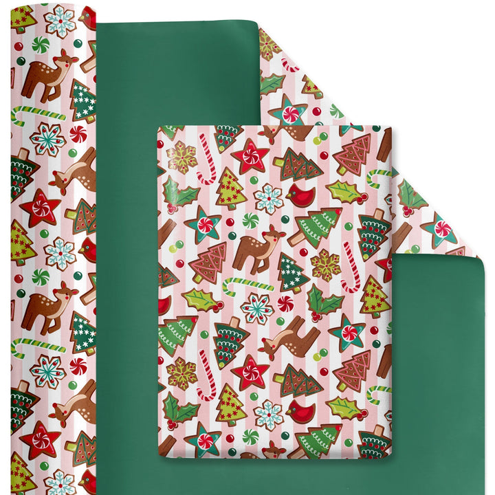 24" x 417' Reversible Holiday Wrapping Paper Half Ream | Sweet Cookies/Solid Green LaRibbons and Crafts