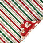 Premium metallic holiday wrapping paper, reversible with festive stripe and retro Santa designs.