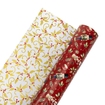 Festive reversible wrapping paper with traditional nutcracker motif on red base and gold foil holly scroll