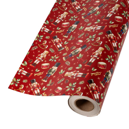 Premium two-side metallic wrap combining classic nutcracker, pine & instruments and elegant gold swirling holly design