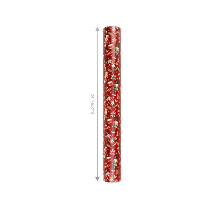 24" x 417' double-layer Christmas wrap with nostalgic nutcracker print and refined gold holiday holly scroll
