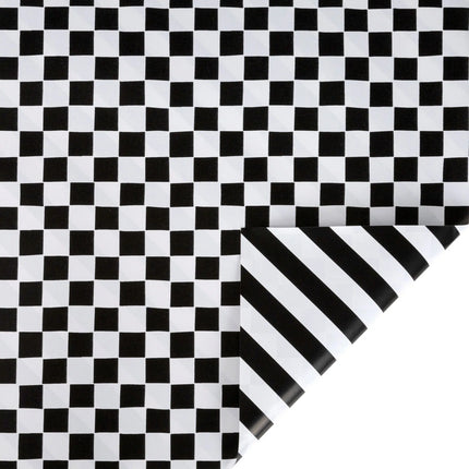 24"x417' bulk reversible wrapping paper half ream, black white checkerboard front and solid diagonal stripe reverse
