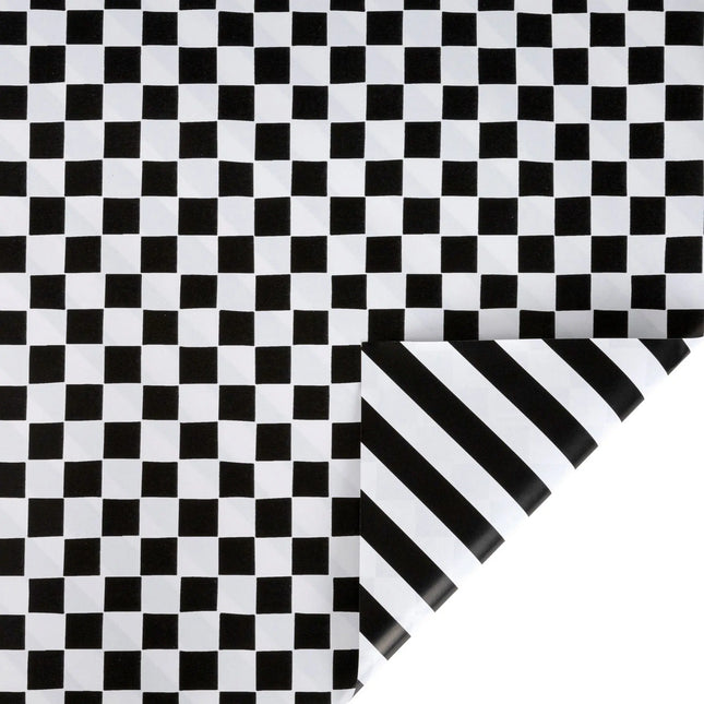 24"x417' bulk reversible wrapping paper half ream, black white checkerboard front and solid diagonal stripe reverse