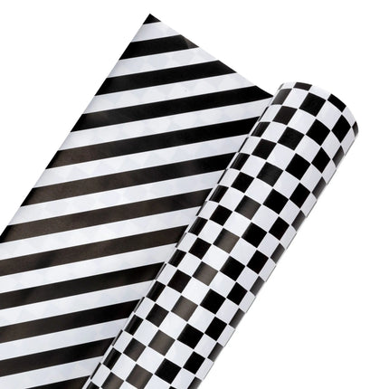 Large half ream reversible wrapping paper featuring bold checker print and matching stripe design