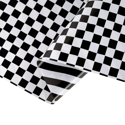 Double-sided black & white gift wrap roll with classic checkered and stripe patterns