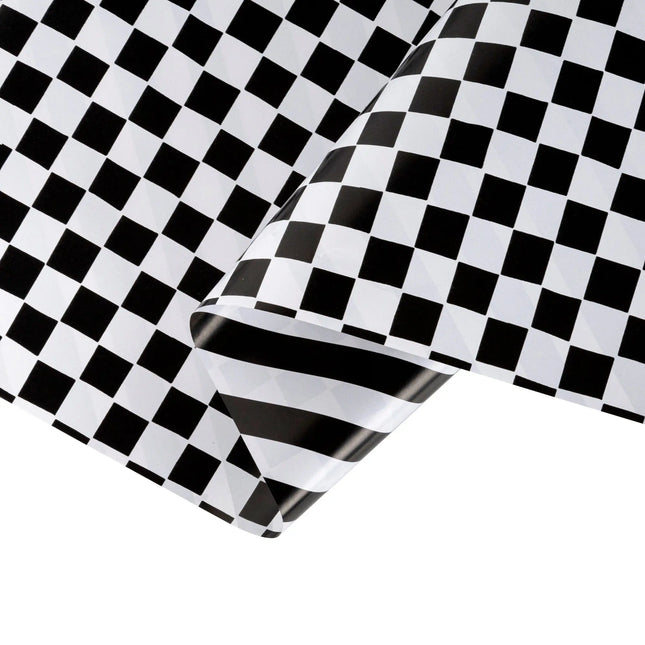 Double-sided black & white gift wrap roll with classic checkered and stripe patterns