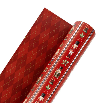 Large 24 inch wide metallic gift wrapping paper, dual-sided with Christmas nutcracker stripes and gold lined argyle print