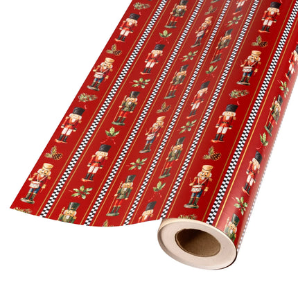 Festive reversible metallic wrapping paper half ream, red nutcracker checkerboard front and shimmer holiday argyle reverse