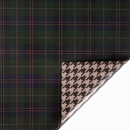 24" x 417' reversible holiday wrapping paper half ream, featuring fashion plaid and brown herringbone patterns.