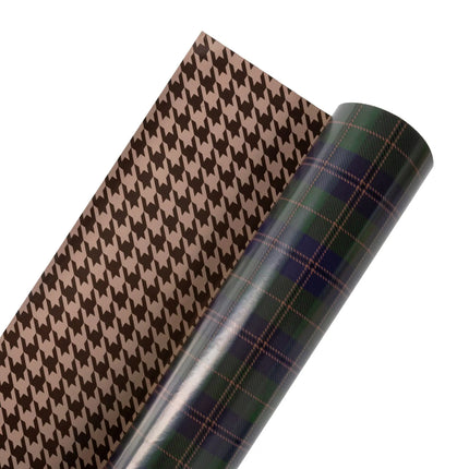 Large 24" x 417' reversible wrapping paper, fashion plaid on one side and brown herringbone on the other.