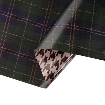 Premium holiday wrapping paper, 24" wide half ream, reversible with fashion plaid and brown herringbone designs.