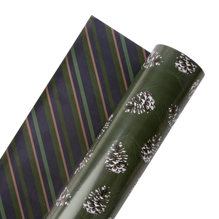 Versatile reversible holiday wrapping paper, half ream size, pine cone and pine diagonal stripe prints.