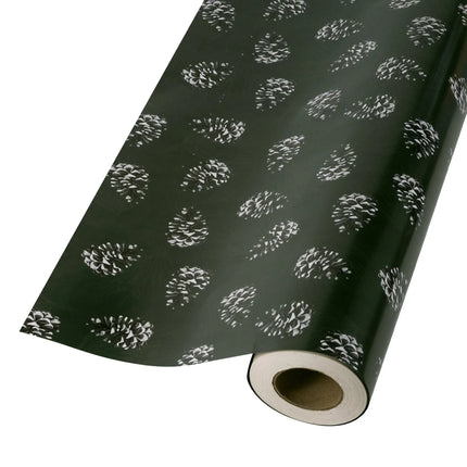 Bulk holiday wrapping paper, 24" x 417' half ream, double-sided with pine cone and pine diagonal designs.