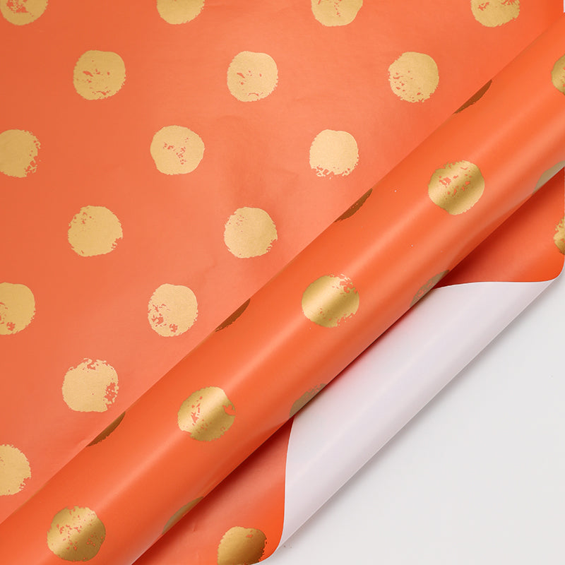 24" x 417' Wrapping Paper Half Ream | Orange w/ Metallic Gold Polka Dot