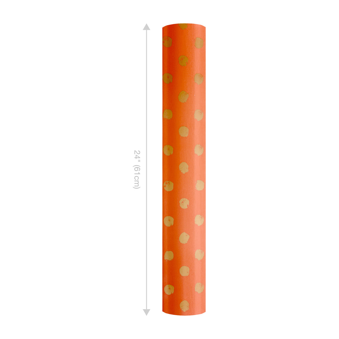 24" x 417' Wrapping Paper Half Ream | Orange w/ Metallic Gold Polka Dot