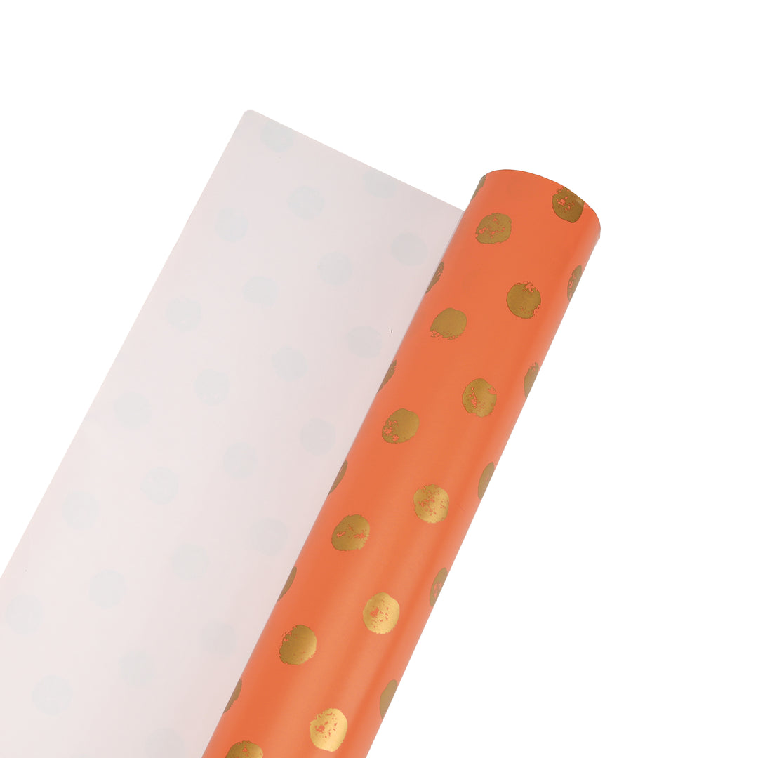 24" x 417' Wrapping Paper Half Ream | Orange w/ Metallic Gold Polka Dot