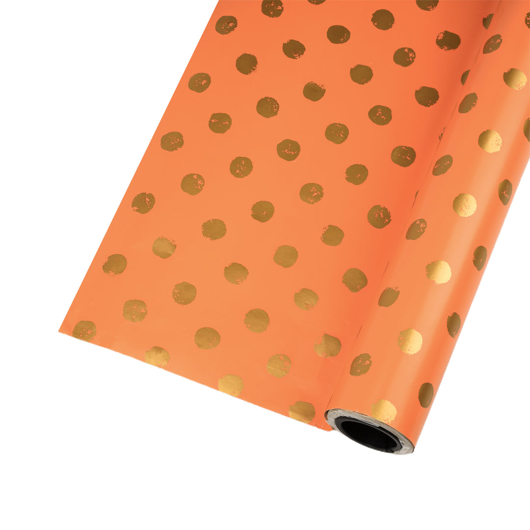 24" x 417' Wrapping Paper Half Ream | Orange w/ Metallic Gold Polka Dot