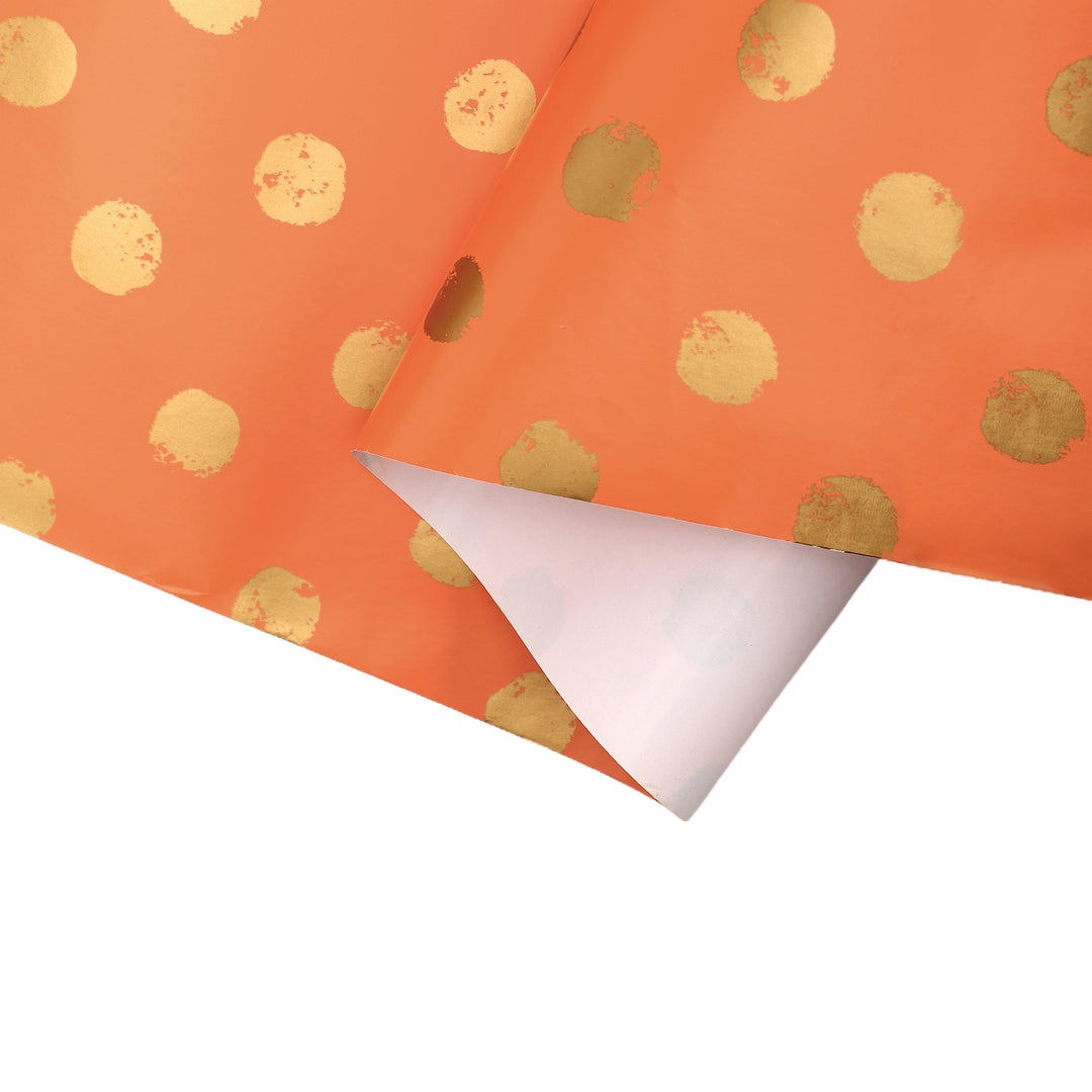 24" x 417' Wrapping Paper Half Ream | Orange w/ Metallic Gold Polka Dot