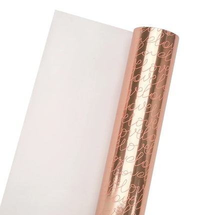 Rose gold “love” script wrapping paper (white back) detail; gift wraps.