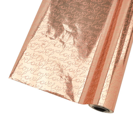 Roll of rose gold “love” script metallic wrapping paper; gift packaging.