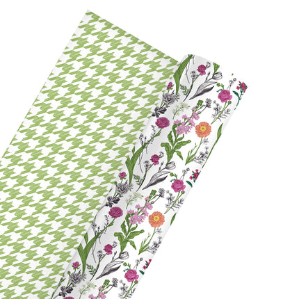24" x 417' Reversible Wrapping Paper | Bright Blooms w/ Green Herringbone LaRibbons and Crafts