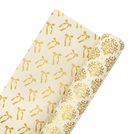 Luxury holiday reversible wrapping paper half ream, metallic gold damask and gold bow prints for elegant gift packaging