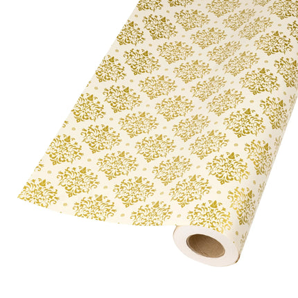 Large commercial metallic gift wrap, 24 inch wide half ream, reversible vintage gold damask and simple gold bow patterns