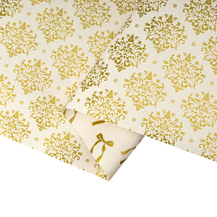 Bulk 24" x 417' metallic wrapping paper roll, double-sided with shiny gold damask and gold ribbon bow motifs