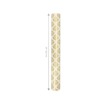 24" x 417' reversible metallic holiday wrapping paper half ream, gold damask pattern on one side and gold bow print on reverse