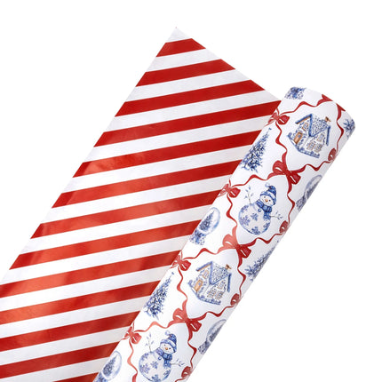 Dual-sided gift wrap pairing delicate blue Christmas icons with red-white diagonal stripes