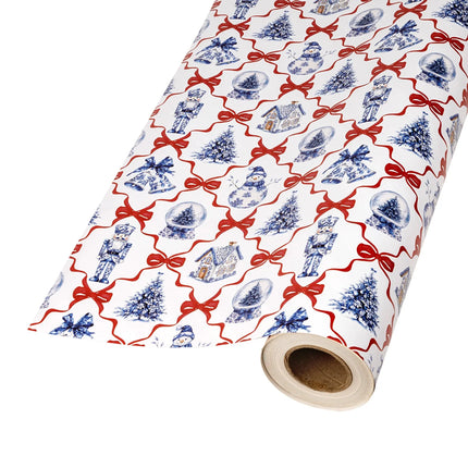 Reversible Christmas paper with charming blue holiday illustrations and coordinating red-white stripes
