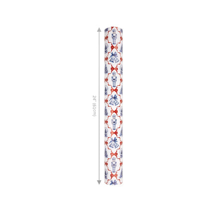 24" x 417' reversible holiday wrapping paper with blue Christmas icons and red bows on one side, red-white diagonal stripes on the other.