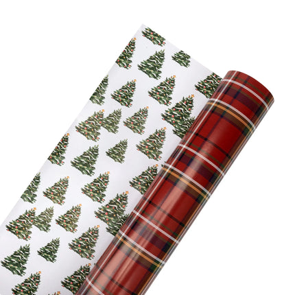Reversible Christmas paper with traditional tartan plaid pattern and decorated tree illustrations