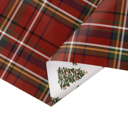 Dual-sided gift wrap pairing classic red tartan plaid with decorated Christmas trees