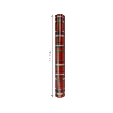 24" x 417' reversible holiday wrapping paper with traditional red tartan plaid on one side and decorated Christmas trees on the other.