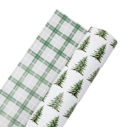 Large 24" x 417' reversible wrapping paper, evergreen trees on one side and green/white plaid on the other.