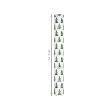 Bulk holiday wrapping paper, 24" x 417' half ream, double-sided with evergreen trees and green/white plaid patterns.