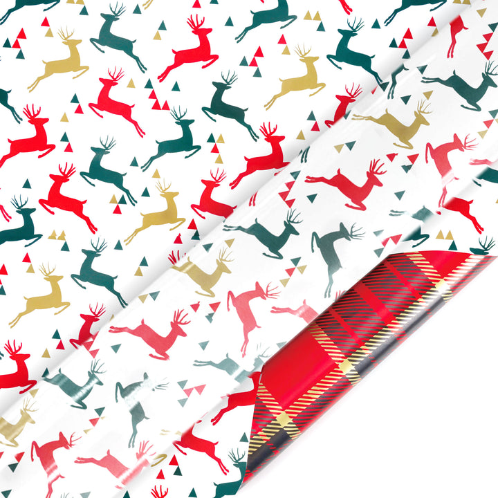 24" x 417' Reversible Holiday Wrapping Paper Half Ream | Prancing Deer/Plaid