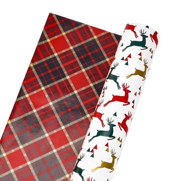 24" x 417' Reversible Holiday Wrapping Paper Half Ream | Prancing Deer/Plaid