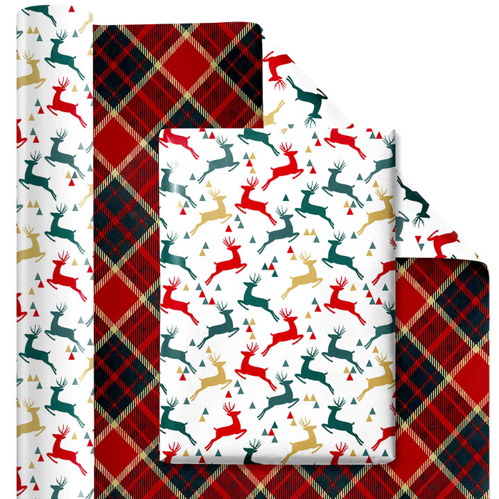 24" x 417' Reversible Holiday Wrapping Paper Half Ream | Prancing Deer/Plaid