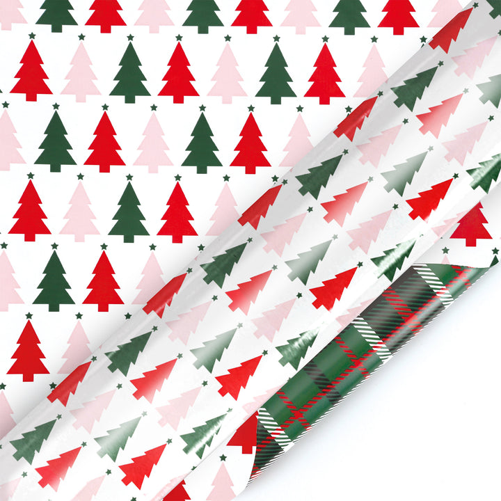 24" x 417' Reversible Holiday Wrapping Paper Half Ream | "Symmetrical Tree/Holiday Plaid"