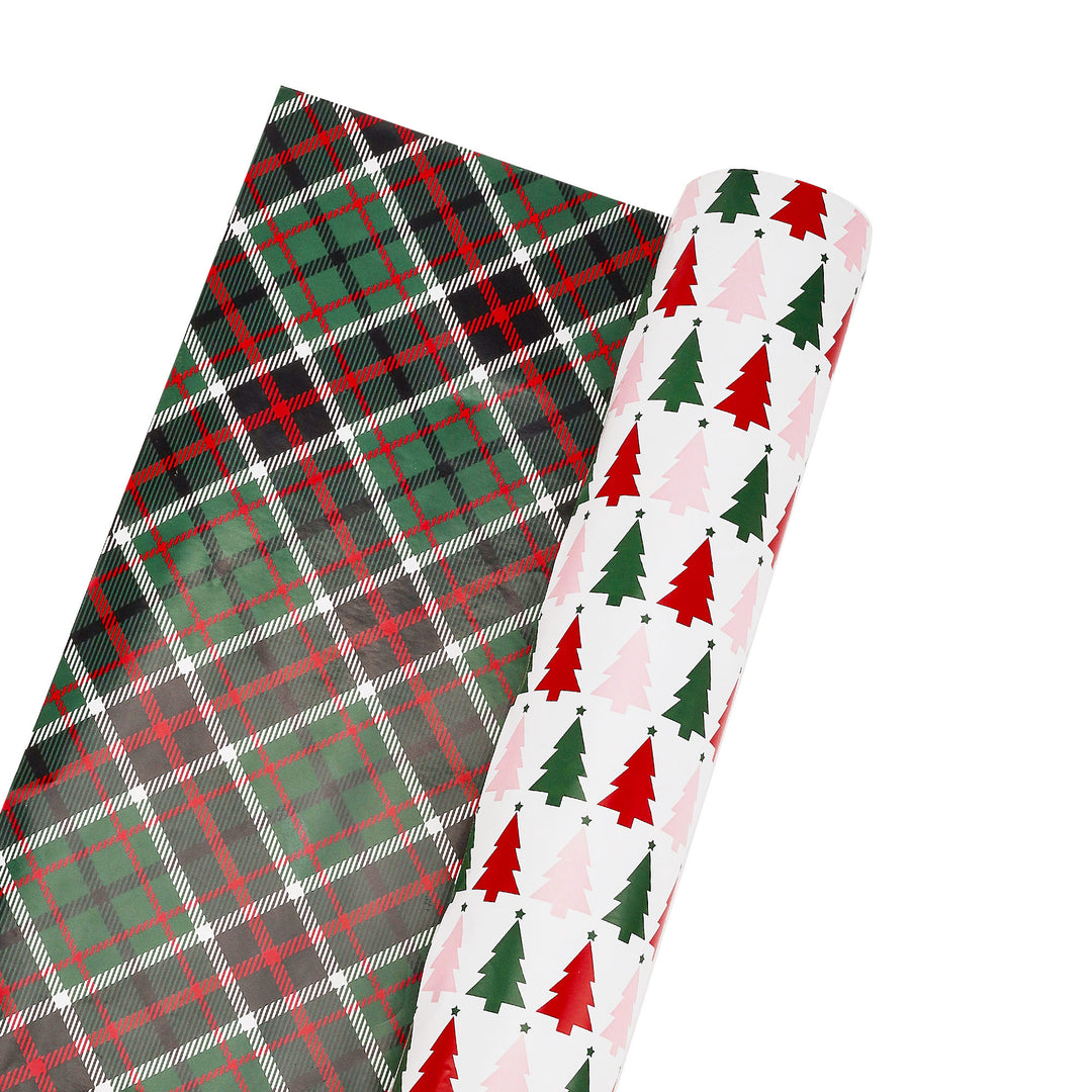 24" x 417' Reversible Holiday Wrapping Paper Half Ream | "Symmetrical Tree/Holiday Plaid"