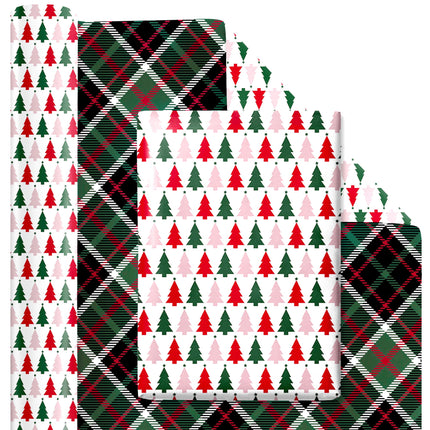 24" x 417' Reversible Holiday Wrapping Paper Half Ream | "Symmetrical Tree/Holiday Plaid" LaRibbons and Crafts