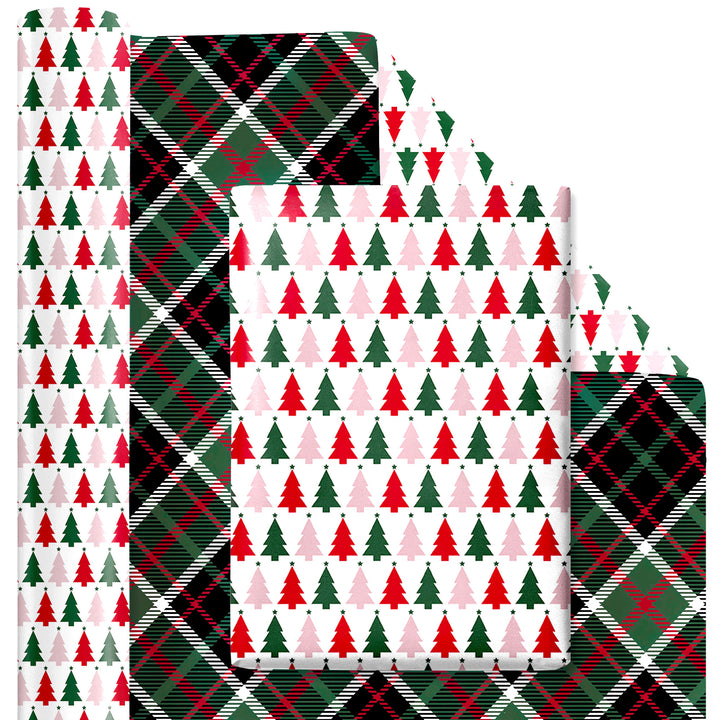 24" x 417' Reversible Holiday Wrapping Paper Half Ream | "Symmetrical Tree/Holiday Plaid"