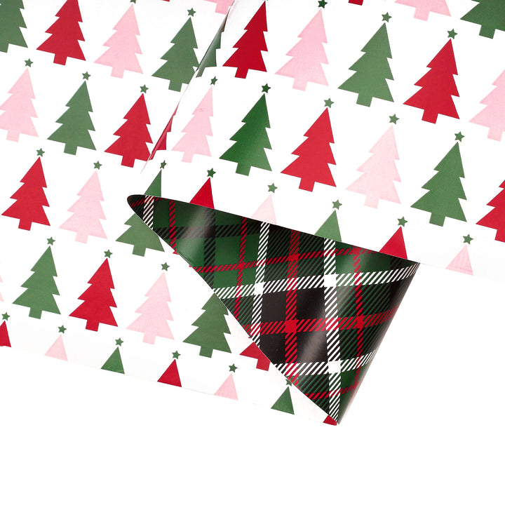 24" x 417' Reversible Holiday Wrapping Paper Half Ream | "Symmetrical Tree/Holiday Plaid"