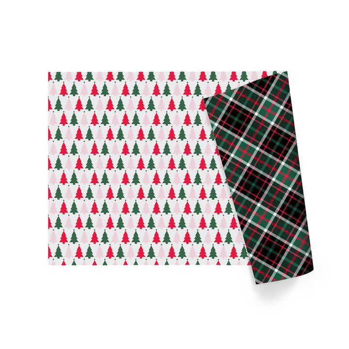 24" x 417' Reversible Holiday Wrapping Paper Half Ream | "Symmetrical Tree/Holiday Plaid"