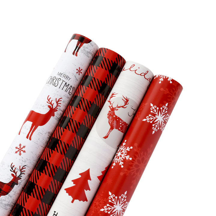 30" x 10' Wrapping Paper Bundle (4-pack) | Buffalo Plaid/Red/White Tree