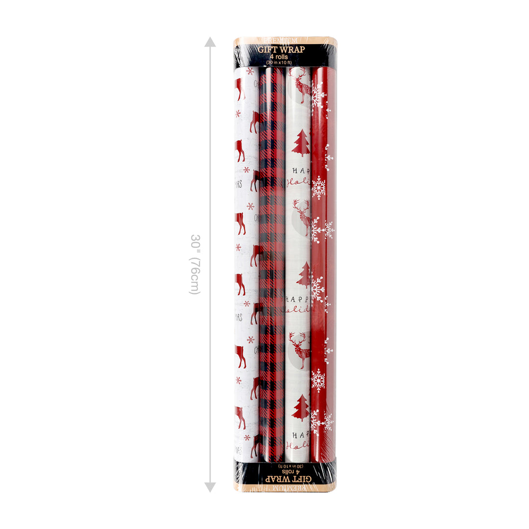 30" x 10' Wrapping Paper Bundle (4-pack) | Buffalo Plaid/Red/White Tree