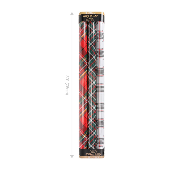 30" x 10' Holiday Wrapping Paper Bundle (3-pack) | Plaid Red/Black